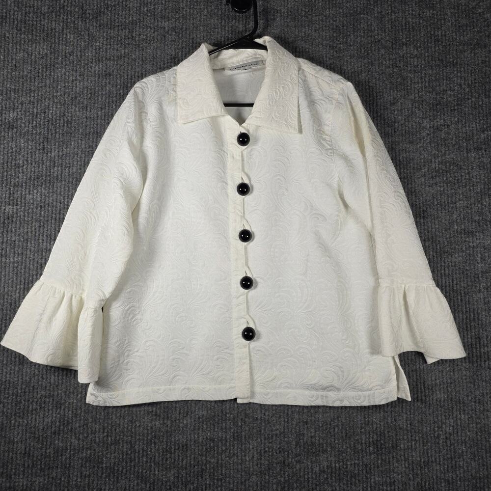 Caroline‎ Rose White Jacquard Jacket Small Bell Sleeve Button Front Textured